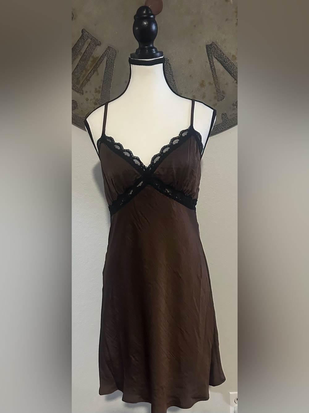wild fable Brown Slip Dress with Black Lace Trim